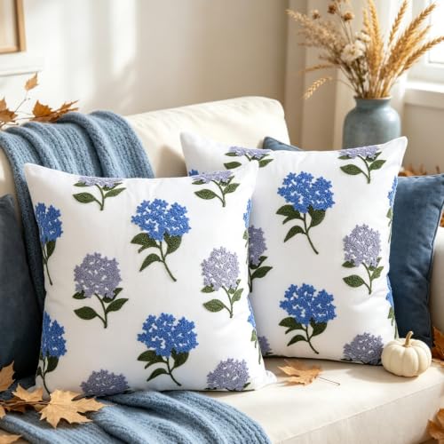 yuboo Set of 2 Embroidered Hydrangea Pillow Covers 18x18 Inch