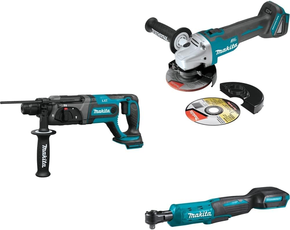 Makita 18V LXT Li-Ion 7/8" Rotary Hammer, SDS-PLUS, 4-1/2" / 5" Cut-Off/Angle Grinder, 3/8" / 1/4" Sq. Drive Ratchet