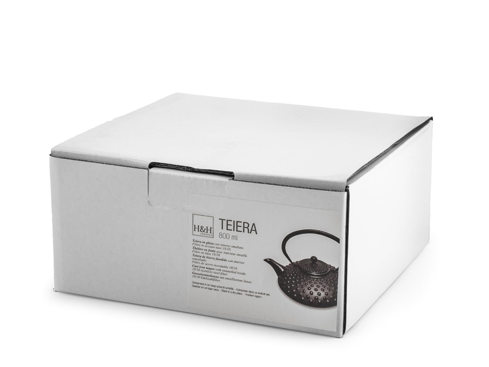 H&H Teiera in Ghisa Smaltata 0,80 L con Filtro in Acciaio Inox, Colore Nero, Adatta a Tutti i Piani Cottura, Incluso Induzione