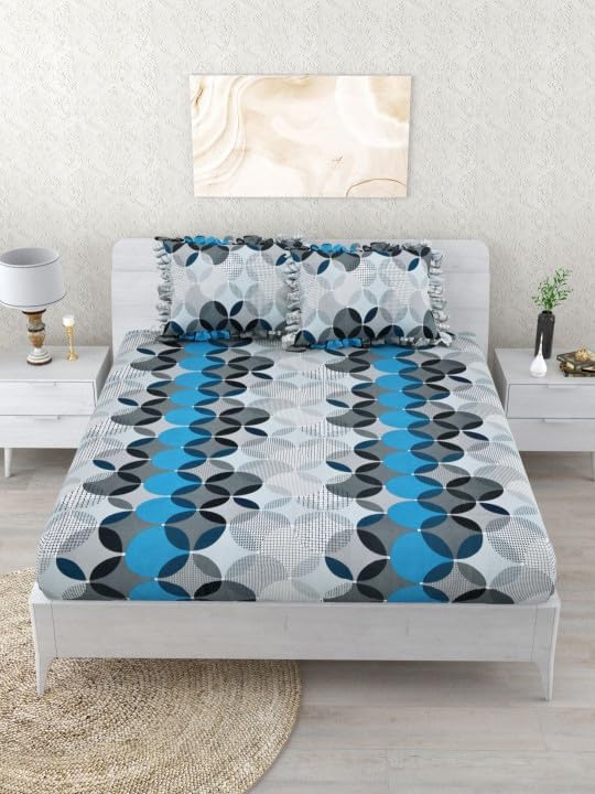 Image of King Size Fitted Bedsheet for Double Bed | 300 TC Cotton Feel Microfiber | All Around Elastic with 2 Frill Pillow Covers | Soft & Durable | (GreyGeometricFrill, Fitted - Double72x72)