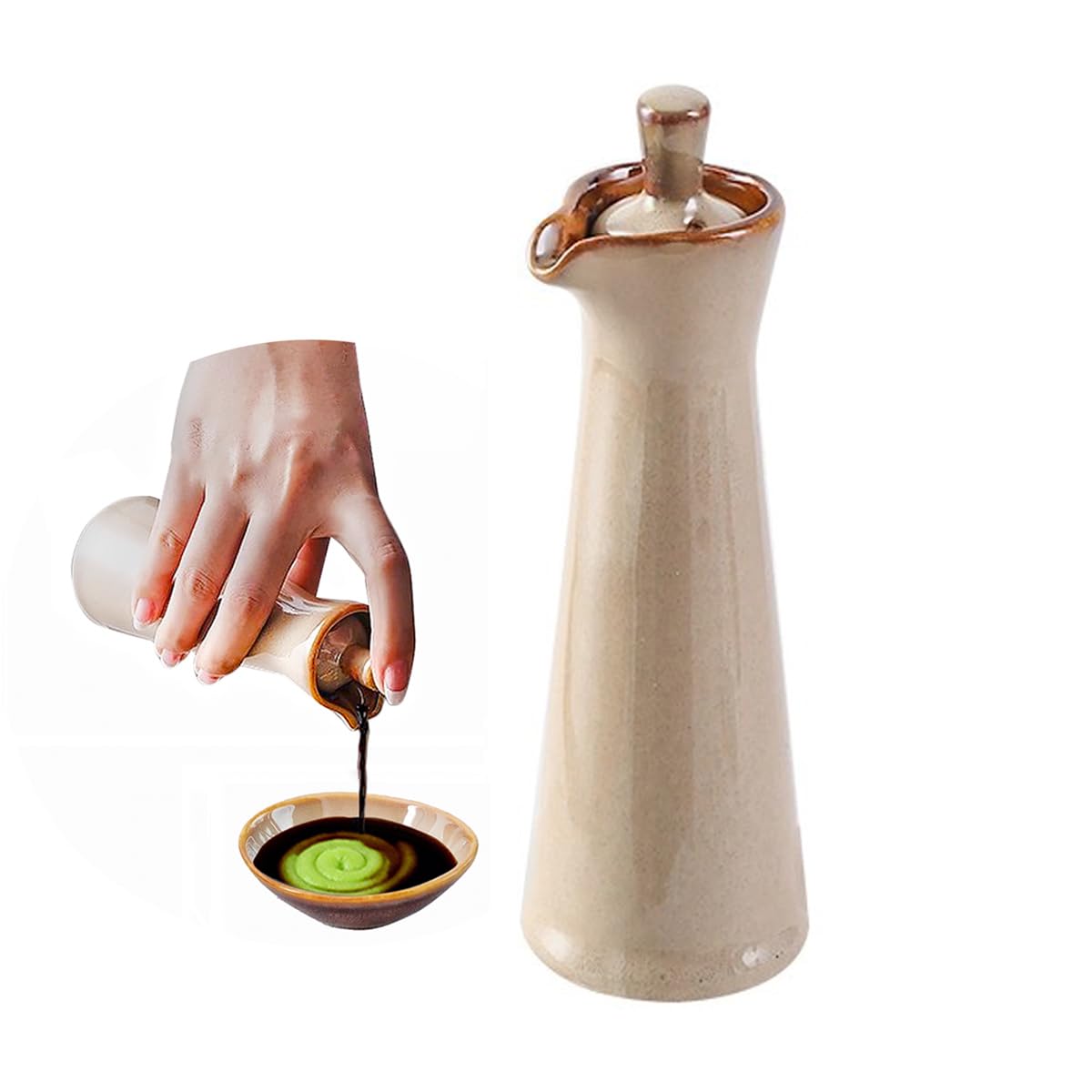 Mqdzfui Beige Ceramic Oil Dispenser, 120Ml Blue Glazed Bottle, Kitchen Sauce Container With Pour Spout, Dishwasher Safe (Beige)
