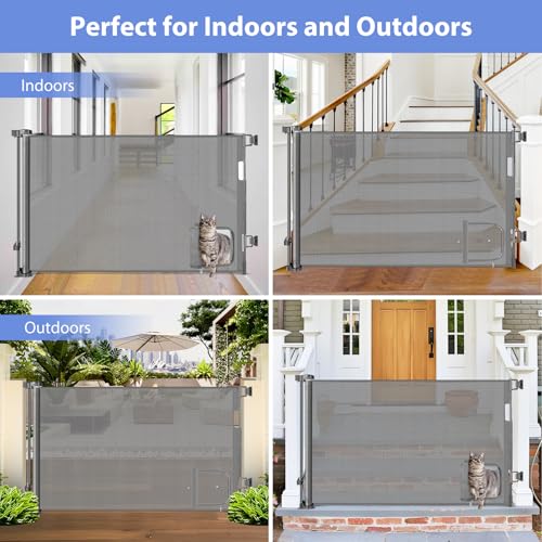 Retractable Dog Gate with Cat Door 55" Wide Retractable Pet Gate with Cat Door Mesh Dog Gate Retractable Baby Gates for Doorway Retractable Puppy Gate for The House Retractable Outdoor Gate for Deck - Image 7
