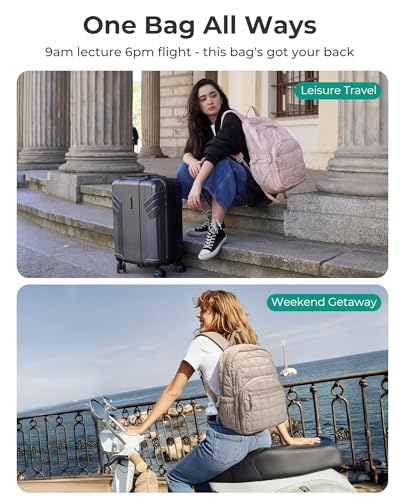Image of BAGSMART College Laptop Backpack, Travel Backpack for Women, Quilted Casual Daypack, Water-Resistant Bookbag for 15.6 Inch Laptop, Pink Bow Print