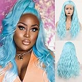 RDY Light Blue Long Curly Synthetic Lace Front Wigs for Women with Free Part Pre Plucked Loose Curly Wig Heat Friendly Halloween Cosplay Wigs(150% Density,24Inch)