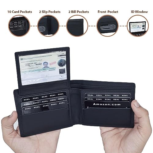 Leather Wallets for Men - Premium Bifold Men’s Wallet with ID Window, Multiple Card Slots, and Flip Pocket (Decent, Black)3