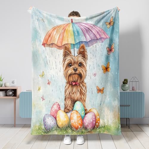 Manta de perro Yorkies de primavera y Pascua de 60 x 80 pulgadas, divertida manta de franela cálida y esponjosa para dormitorio, camping, viajes, sofá para mascotas, decoración de sofá