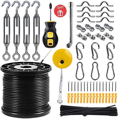 Newleray String Light Hanging Kit with 164 Ft Nylon Coated Stainless Steel 304 Wire Rope, String Lights Suspension Kit Included Enough Accessories, Use Manual,Humanized Collocation,Outdoor