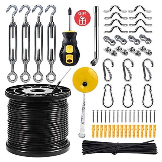 Newleray String Light Hanging Kit,Guide Wire for Outdoor String Lights, with 164 Ft Nylon Coated Stainless Steel 304 Wire Rope, String Lights Suspension Kit Included Enough Accessories