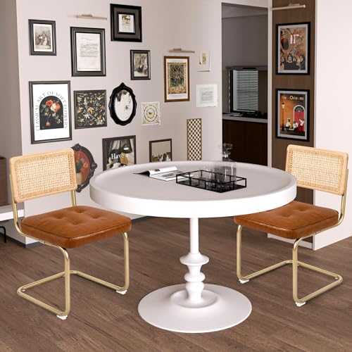 CangLong 【2脚セット】座面高さ 49cm 北欧風 ダイニングチェア ラタンチェア 籐背もたれ 金属脚 布張り座面 おしゃれ 食卓椅子 リビング キッチン オフィス用 ブラウン 耐荷重120kg 組立簡単 背もたれ 四季適用 【日本正規輸入品】