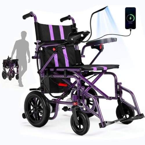 Electric Wheelchairs for Adults，Lightweight Foldable Wheelchair 15 Miles Long Travel Range, 360° Joystick Control Motorized Wheelchair, Support 286 lbs with LED Light Power Wheelchair (Purple)