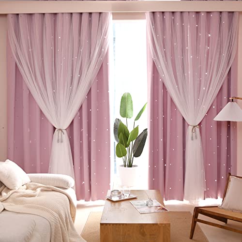 Kinryb - Cortinas opacas para dormitorio, diseño de estrellas para decoración de habitación de niños, 2 paneles, 52 pulgadas de ancho x 95 pulgadas de largo, color rosa