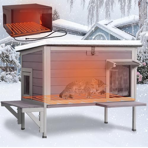 Gutinneen Heated Cat House for Outdoor Cats Insulated Kitty Shelter with Heating Pad Waterproof Cat Cage Keep Warm in Winter,Liner Include