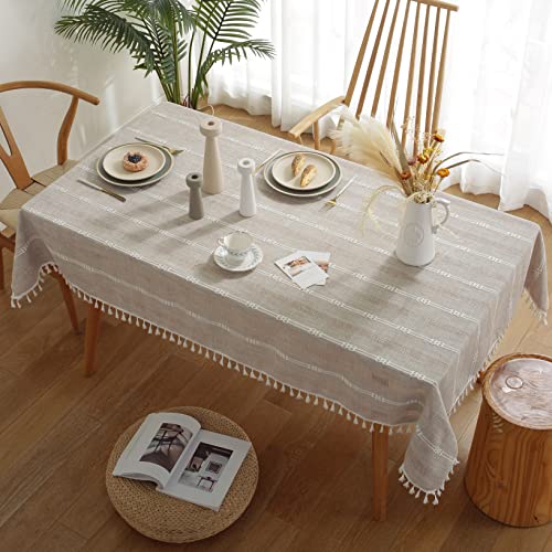 Gernaice Rustic Stripe Embroidered Tablecloth Heavy Rectangle Tassel Cotton Linen Table Cloth Wrinkle Free Washable Table Cover For Kitchen Dinning Party Holiday Brown 55X70 Inch #TOP1