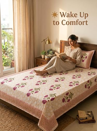 Image of Mafatlal 144 TC Heritage Single Size (90x60 inches) Floral Printed Twin Bedsheet with Pillow Cover | Soft 100% Pure Cotton Bedsheet Set | Cream