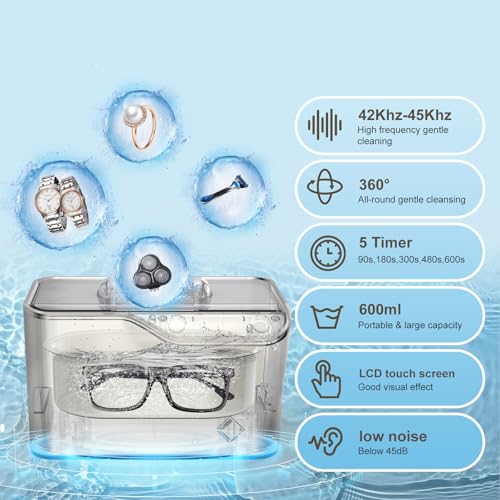 LifeBasis Jewelry Cleaner, Professional Ultrasonic Cleaning Machine 20 Ounces (600ML) Sonic Cleaner with Digital Timer, Watch Holder Glasses Cleaner for Ring, Coin, Watch, Gold Cleaning - Silver