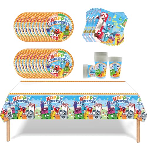 Fuwraixis 61 pezzi Stoviglie con blocchi da costruzione digitali Stoviglie per feste per bambini Set di stoviglie per feste di compleanno Tovaglioli, tovaglie, piatti e bicchieri di carta 20 persone