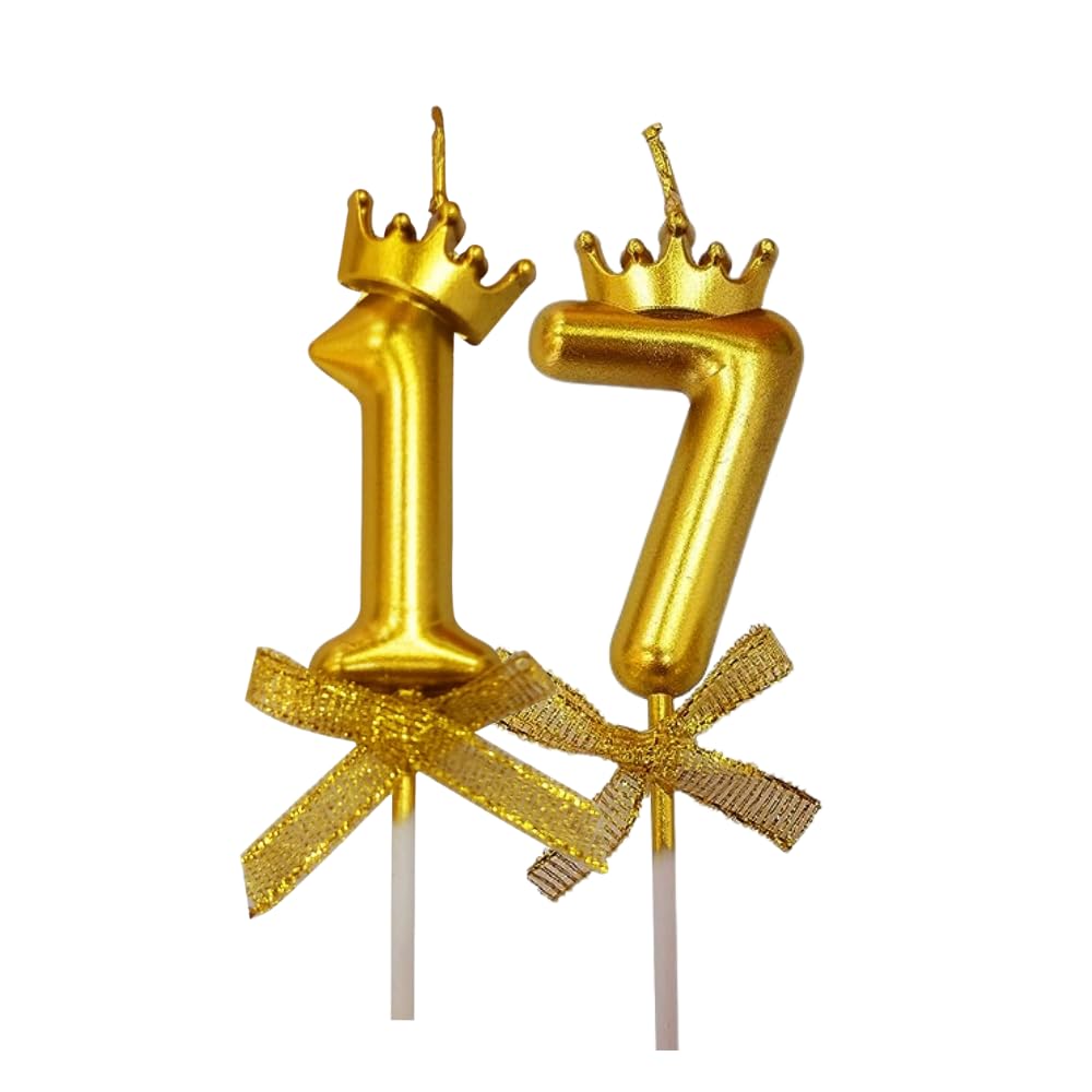 FI - FLICK IN 2 Pc 17 Number Candle for Birthday Cake Metallic Gold Number Candle with Crown on Top for Anniversary Cake Topper 17th Birthday Cake Decoration (Pack of 2, Gold).