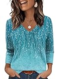 Aokosor Ladies Tops 3/4 Sleeve Pleated Front V Neck Womens Blouses Tunic Shirts Dressy Casual Office Wear Size 10-12 Light Blue Lines