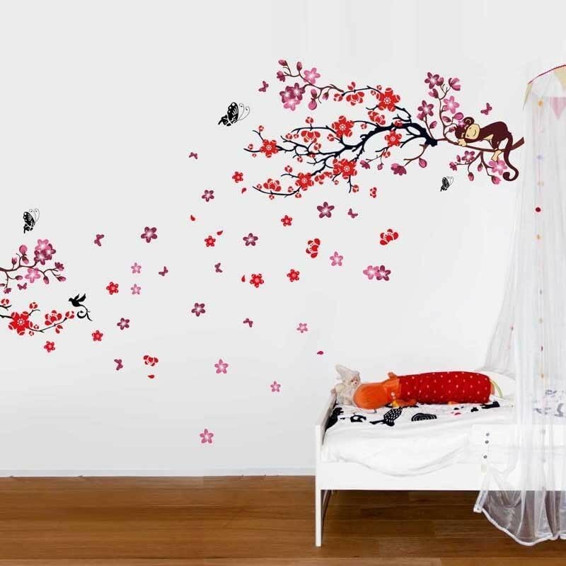 Walplus (TM) Wall Stickers Combo Pink Monkey Tree Plus Red Blossom - Home Decoration, 190cm x 140cm, PVC, Removable, Self-Adhesive, Multi-Color