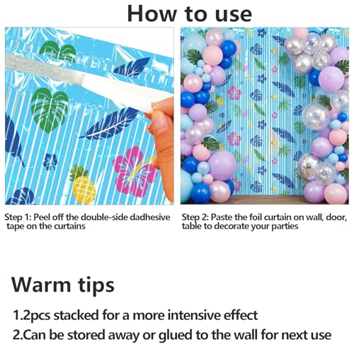 Image of 2 Packs Blue Foil Fringe Curtain, Hawaiian Element Pattern Metallic Tinsel Backdrop for Birthday, Baby Shower, Gender Reveal, Kids Cartoon Party Decorations Favor Supplies