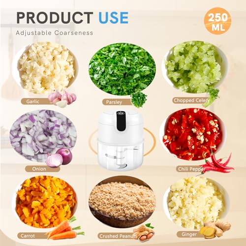 Image of EASYSPEED Electric Garlic Chopper 1 Cup, Mini USB Charging Wireless Food Processor with 304 Stainless Steel, 3 Sharp Blades, Portable Kitchen Meat Grinder for Onion, Garlic, Ginger, Baby Food,White