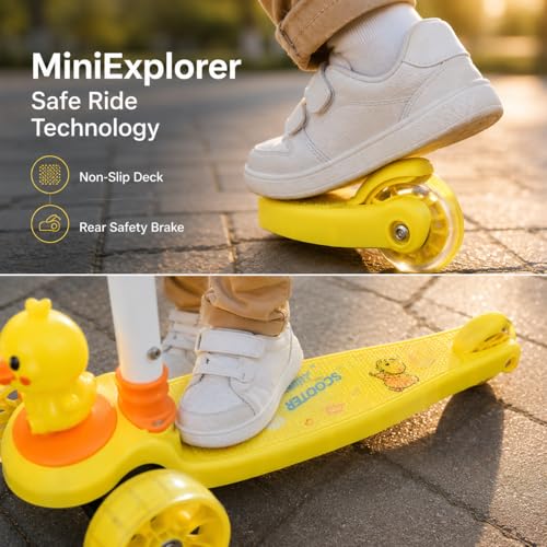 Image of MiniExplorer Zoomie Kids Kick Scooter with LED Wheels, 3 Wheel Scooter for Boys & Girls, Adjustable Height Handle, Foldable Lightweight Scooter for Kids Age 3+ Years - Duck
