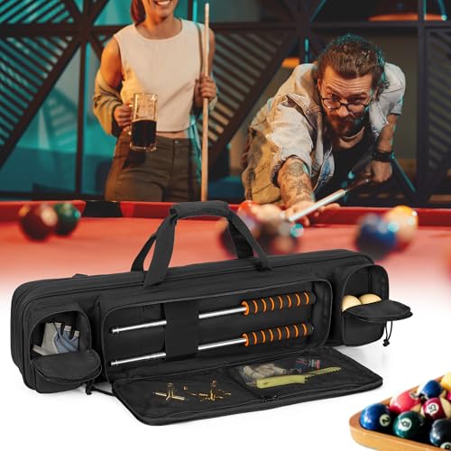 Rexmica 4x4 Billard Queue Tasche Rucksack für bis zu 2 Unterteile und 2 Schäfte, Billiardstock Tasche mit verdeckbaren Schultergurten, Tragetasche für Billardqueues mit Zubehörtaschen, Schwarz