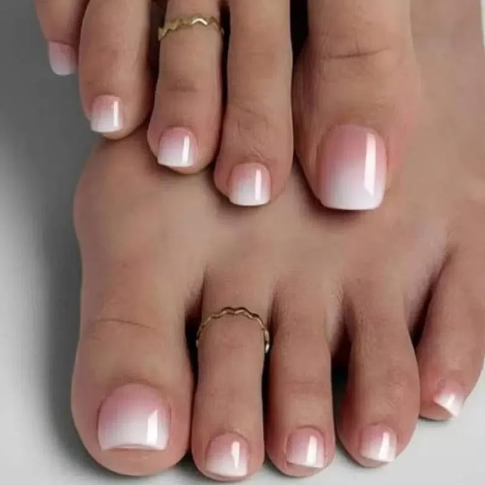 Ztcily False Nails Feet Short Square Pink Gradient Natural False Nails Summer Feet French Nude Pink Fake Nails Feet Stickers Women Girl - Image 3