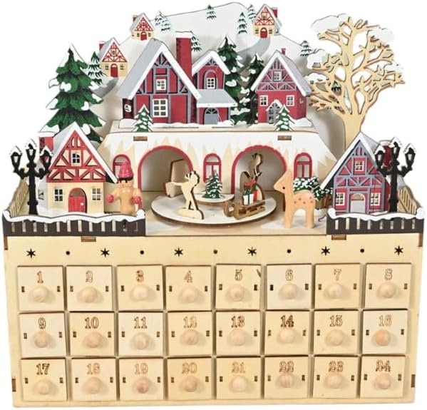 Christmas Wooden Advent Calendar with Cabin Reindeer and Christmas Tree, Wooden Cabinet With 24 Compartments Drawers Box Countdown to Christmas Calendar