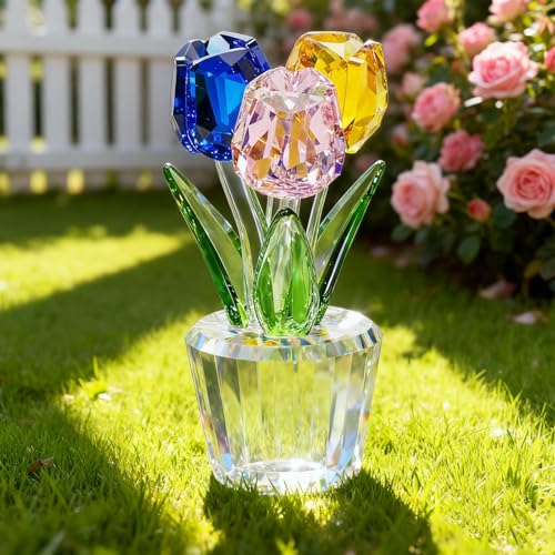 JUUDDENPARTS Crystal Multicolour Tulip Bouquet Ornament, Glass Coloured Decorative Piece for Girlfriend,Wife, Suitable for Romantic Valentine's Day, Christmas, Birthdays, and Various Occasions