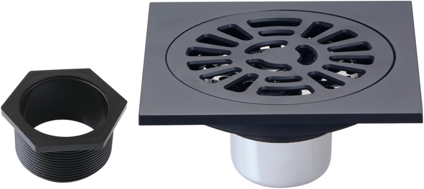 4" Brass Square Grid Shower Drain with Hair Strainer, Matte Black