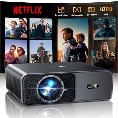 Proyector 4K【App Oficial Integrada/Dolby】 1000ANSI Smart Proyector Compatible con Netflix AI Auto Auto/Keystone, Proyector1080P Nativo WiFi 6 Bidireccional BT5.2 Zoom 50% para Cine en Casa/Exterior
