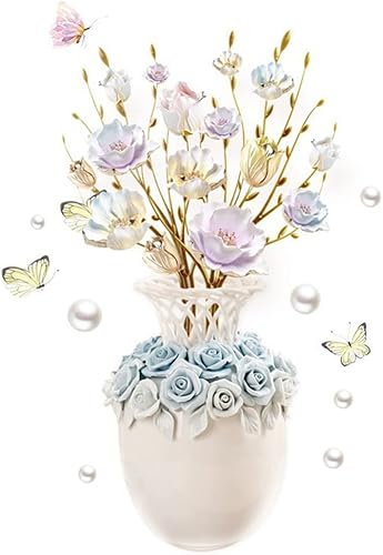 Calcomanías de pared de flores de colores en relieve, jarrón 3D, autoadhesivas, impermeables, papel de pared extraíble, decoración de pared para