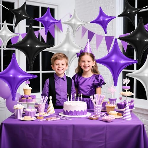 Image of Black Purple Silver Star Balloons,12Pcs Four Angle Star Foil Balloons