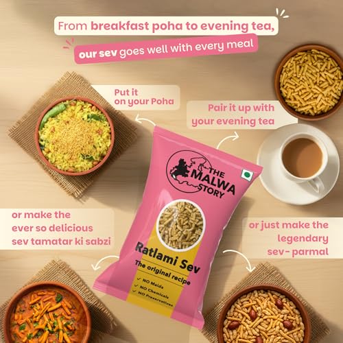 Image of The Malwa Story Original Ratlami Sev - 200gm (Pack Of 2) | Cooked & Packed in Ujjain | Special Madhya Pradesh Authentic Sev Namkeen With No Maida | Spicy & Crunchy | For Poha & Tea Time Snacking