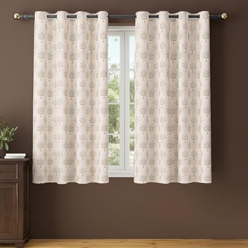 Image of Yellow Weaves 2 Pcs Jacquard Tree Eyelet Window Curtain - Perfect for Home, Office, Bedroom, Living Room & Balcony - 5 Feet (Beige)
