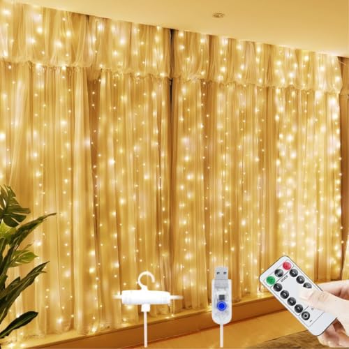 FLYNGO Fairy Curtain String Lights for Decoration, Warm White USB...