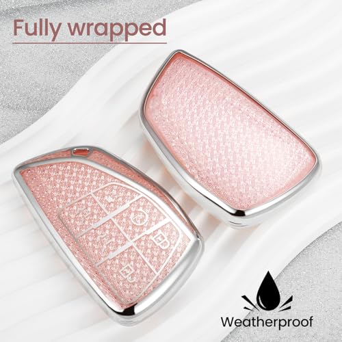 Image of Car Key Fob Cover for Buick, Rhinestone Wristlet Case, Pink | Wear-resistant TPU shell, non-stretch rhinestone wristlet, daily splash, scratch and drop protection, normal signal use