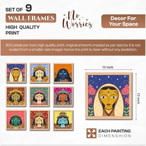 Image of NoWorries Indian Goddess Wall Art Frames Set of 9 | Vibrant Hindu Colorful Durga Kali Folk Art Prints with frames for Living Room, Spiritual Home Decor, Modern Ethnic Wall Gallery