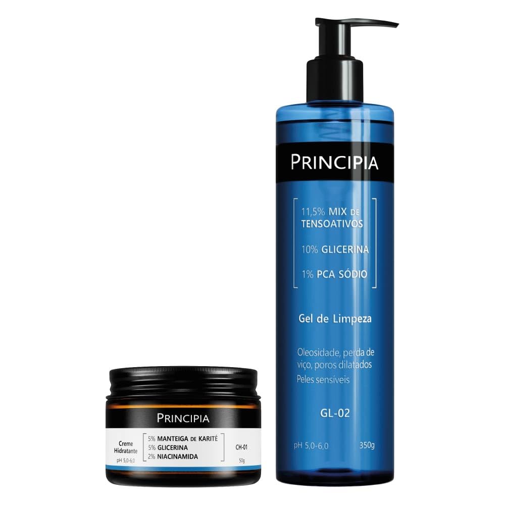 PRINCIPIA, Kit Limpeza e Hidratação, com duas fórmulas: um gel de limpeza com mix de tensoativos + PCA sódio + glicerina e um creme hidratante com glicerina + manteiga de karité + niacinamida