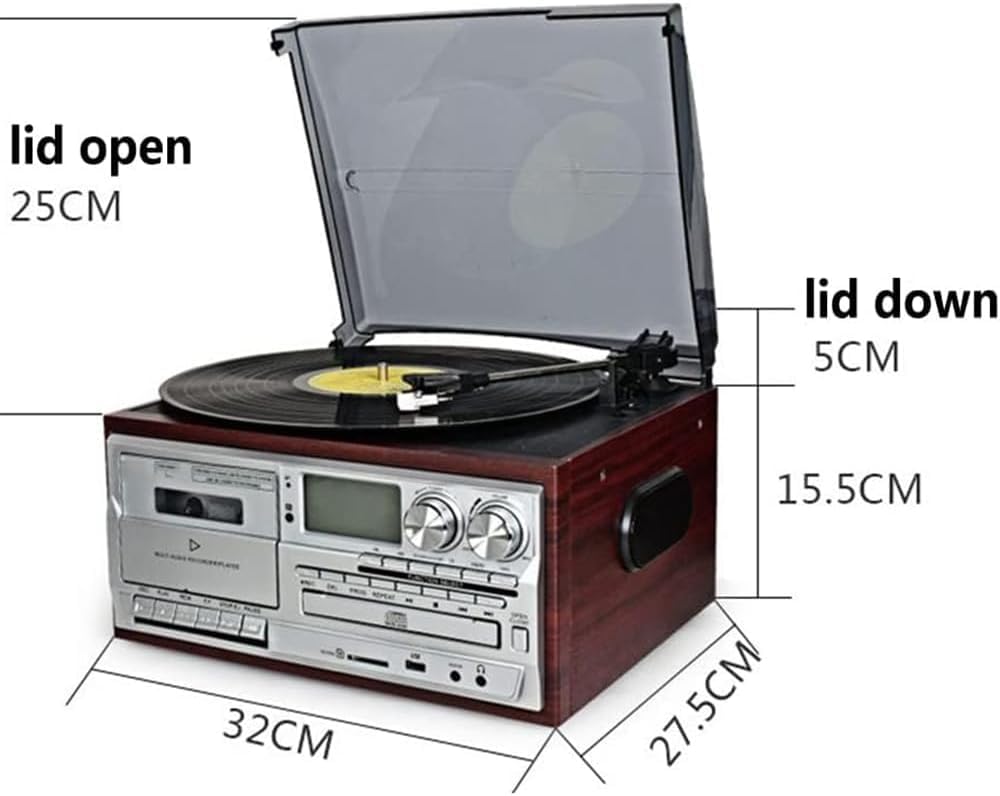 Giradischi in vinile, Bluetooth Retro Giradischi con Altoparlanti Integrati, 3 Velocità, Lettore CD e Cassette, Copertura Antipolvere Satinata, Meno Rumore
