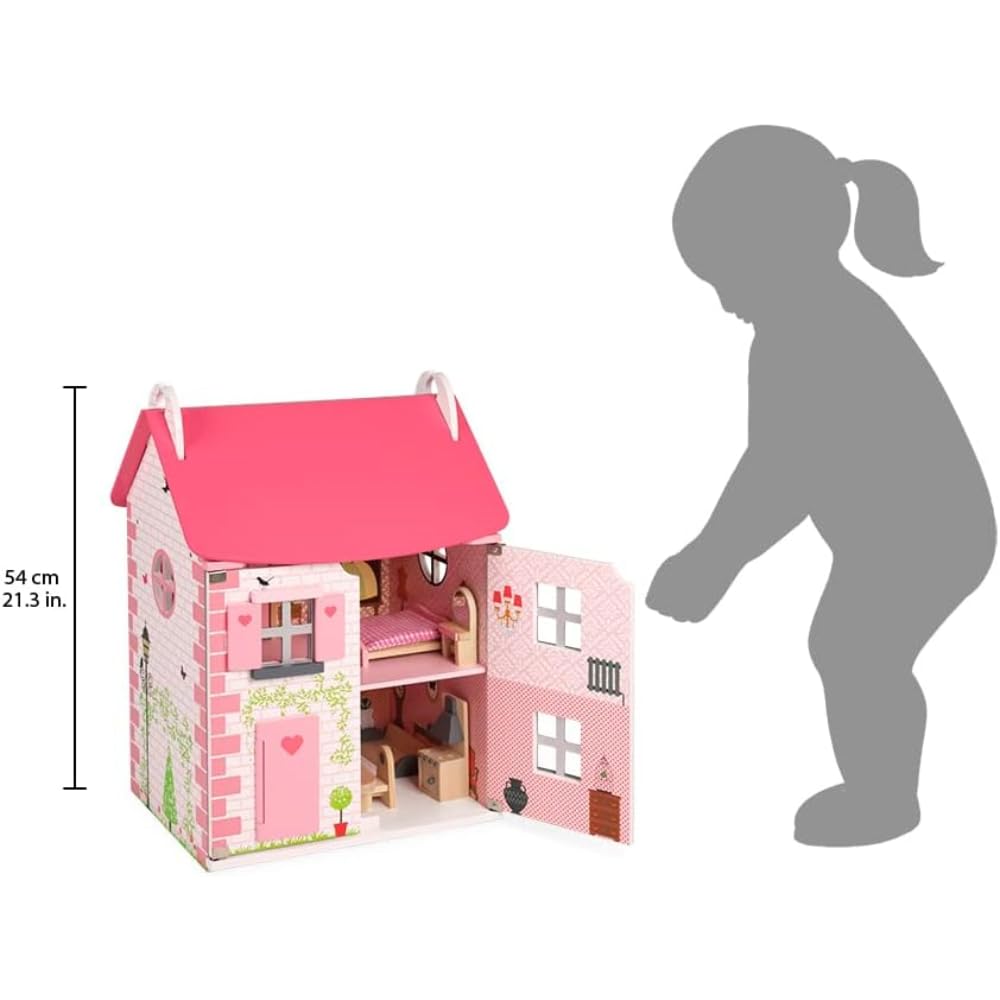 Janod - Maison de Poupée en Bois Mademoiselle - 3 Etages et 11 Accessoires Inclus - Jouet d'Imitation - Développer l'Imagination - Dès 3 Ans , J06581, Rose