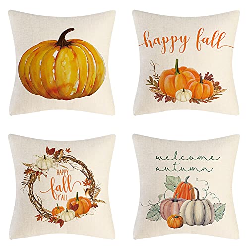 Juego de 4 fundas de almohada decorativas de Acción de Gracias, para otoño, funda de cojín, funda de cojín, lino, calabaza, arce, hojas, para oficina, dormitorio, sofá, coche, decoración, 45 x 45 cm Cover