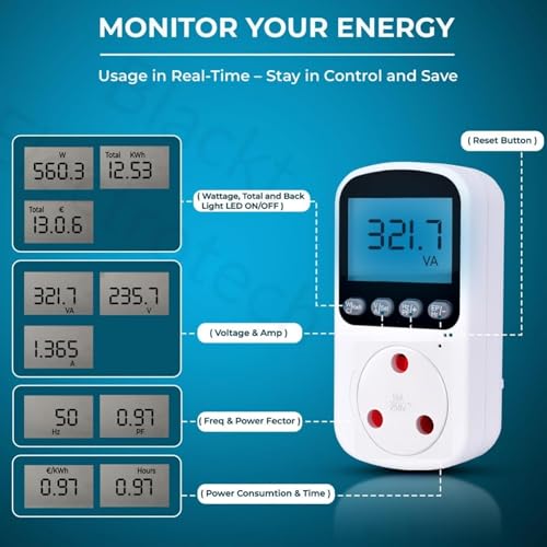 Image of Blackt Electrotech BT72PM6 : 230 Volt 16 Amps 3-Pin Socket Digital Energy Analyzer High-Load Usage Monitor - Real-Time Watts, Volts, & kWh Tracking Module - Industrial-Grade 230V AC Plug-in Design