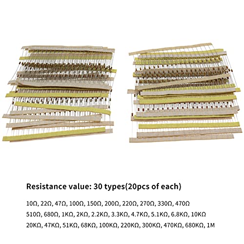 Moniss Kit de resistores de filme de carbono de 1/6 W Conjunto de resistores de 5% 10-1M Ohm Resisto