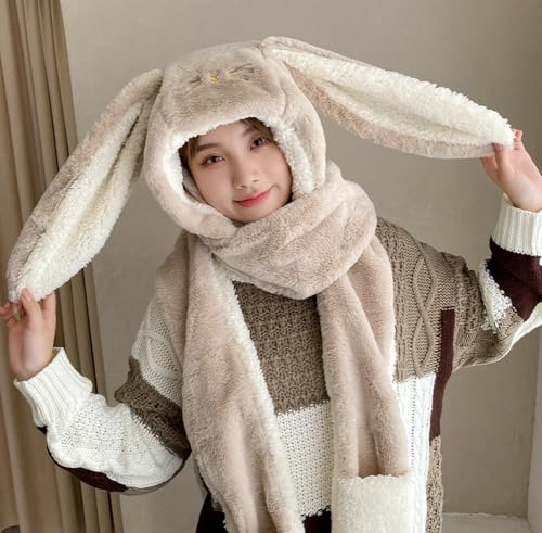 Image of Women Cute Rabbit Ear Plush Beanie Cap Outdoor Fluffy Bunny Hat Scarf Set Indoor Warm Thick Fleece Animal Hoodie