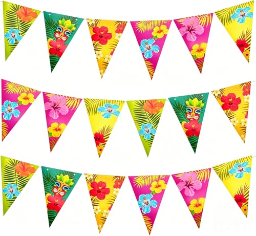 Lot de 3 Guirlande Fanions Hawaïenne Bannière Hawaïen Triangulaire Luau Fleurs Tropical Tiki Hibiscus Palmiers Décoration Fête Hawaïenne Pour Plage Eté...