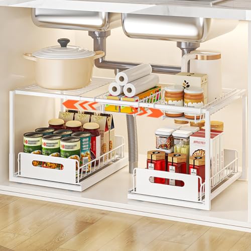 YunNasi Organizador Bajo Fregadero, Armario 2 Niveles Metal Ampliable Estantería Bajo Fregadero, Bandeja Extraible Mueble Almacenaje para Cocina Baño (Blanco, B-Estilo)