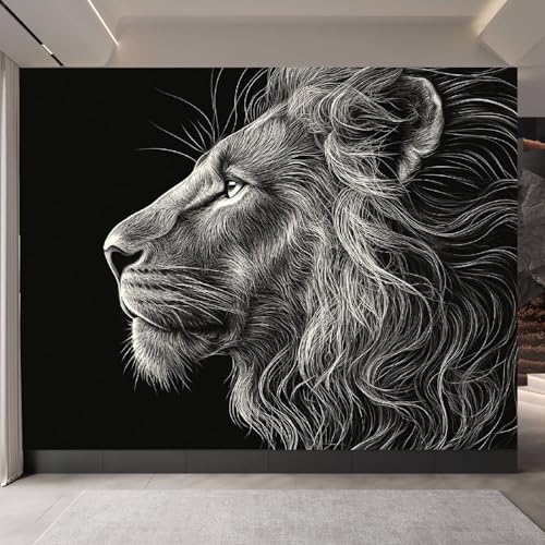 carta da parati camera da letto 250x420cm Sfondo Nero Con Linee Bianche Leone carta da parati tessuto non tessuto Decorazione 3D su tela pittorica,per la parete principale della casa EB24-5384
