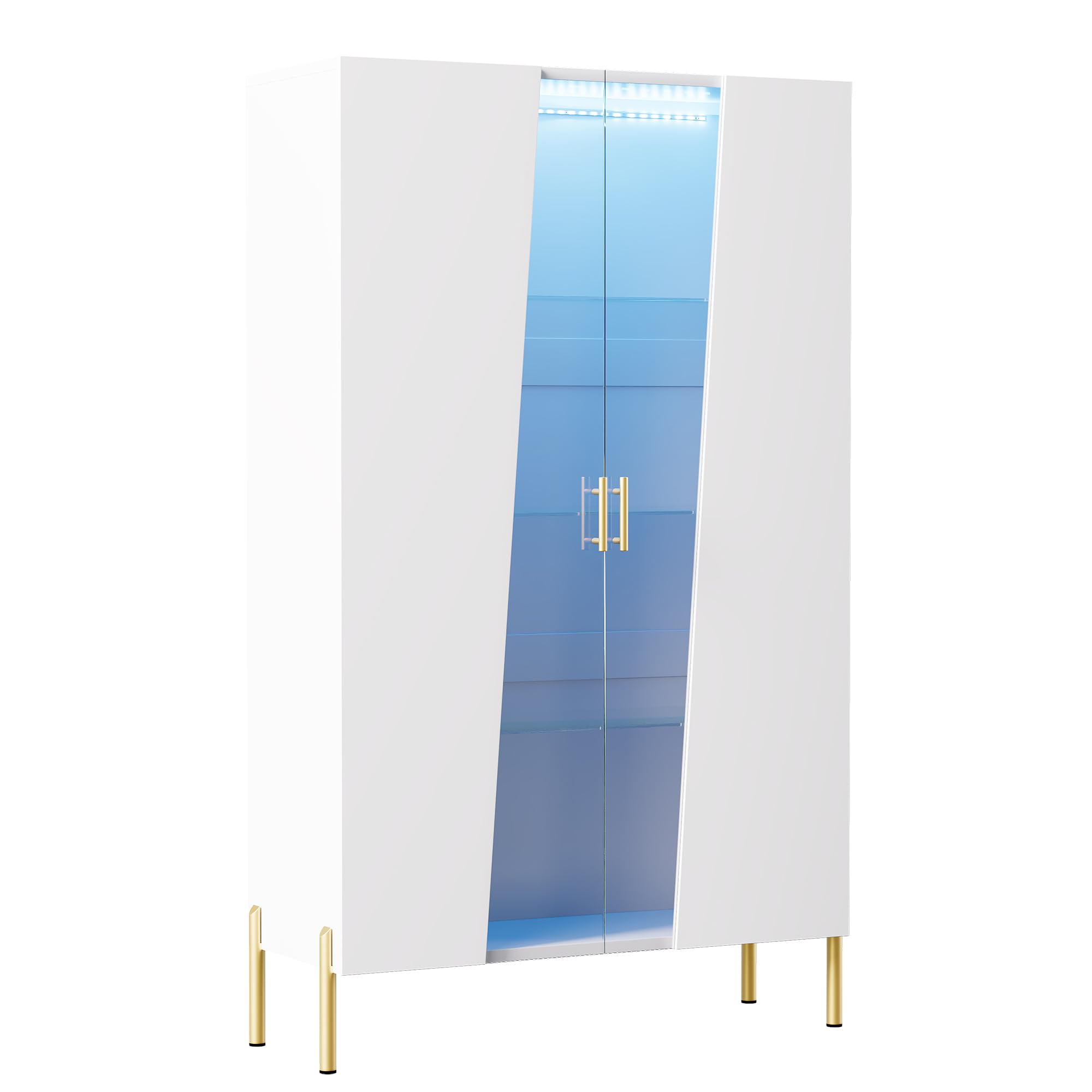 TIZZ Armadio in vetro 72 x 40 x 145 cm, con porta asimmetrica in vetro temperato, 3 ripiani in vetro, maniglia in metallo e piedini in metallo, come vetrina, per sala da pranzo, libreria, colore